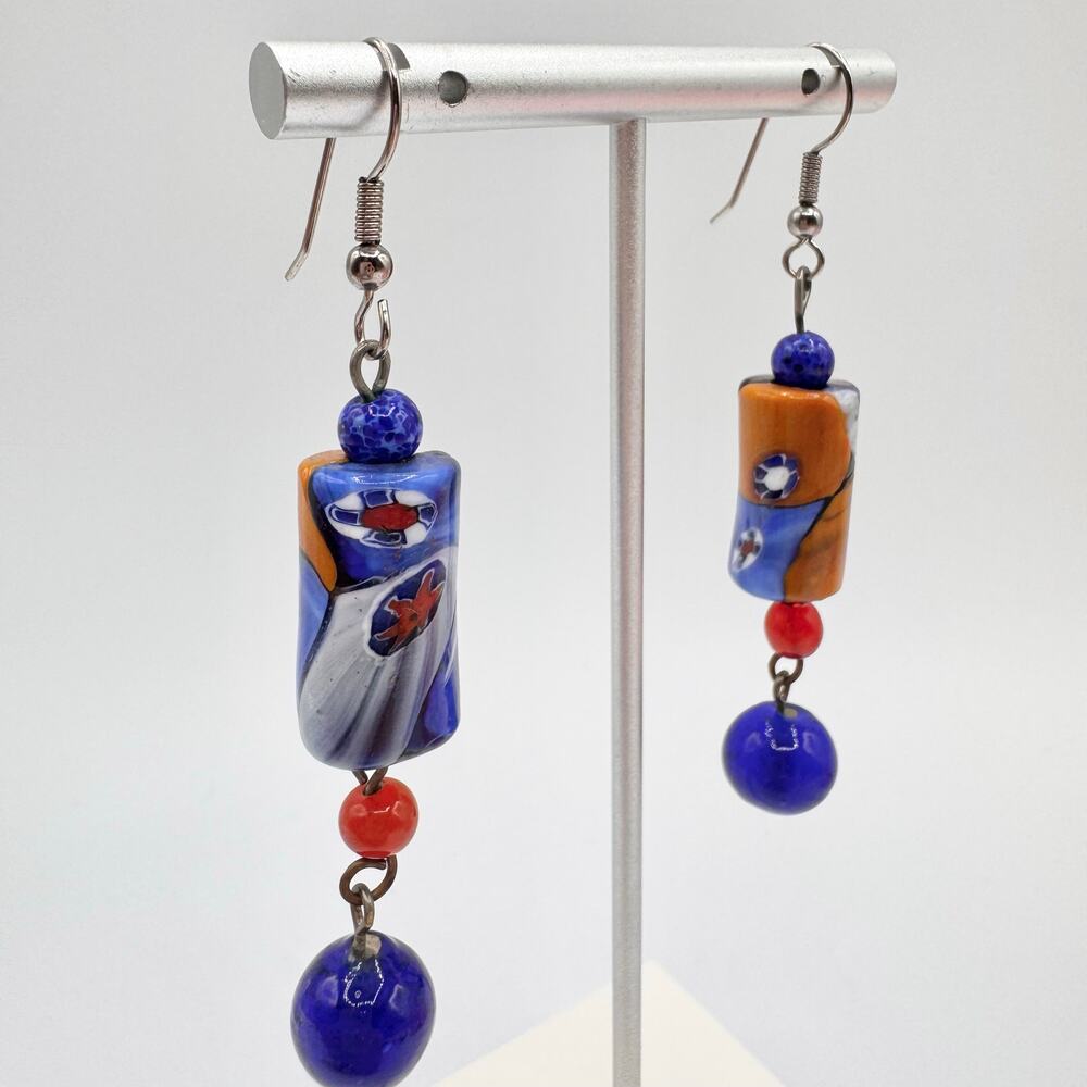 Art Glass Millefiori Beaded Dangle Earrings Artisan Art Teacher Artsy Fun - Picture 7 of 10
